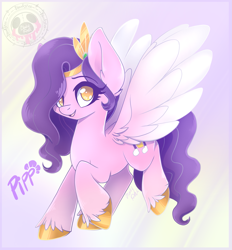 Size: 1895x2040 | Tagged: safe, artist:bloody-pink, pipp petals, pegasus, pony, g5, adorapipp, cute, ear fluff, eye clipping through hair, eyebrows, eyebrows visible through hair, female, flying, looking at you, mare, name, open mouth, open smile, signature, smiling, smiling at you, solo, spread wings, unshorn fetlocks, wings, wrong eye color, yellow eyes, yellow-eyed pipp