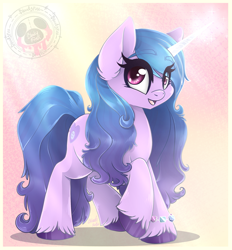 Size: 1895x2040 | Tagged: safe, artist:bloody-pink, izzy moonbow, pony, unicorn, g5, bracelet, colored eyebrows, cute, ear fluff, eye clipping through hair, eyebrows, eyebrows visible through hair, female, horn, izzybetes, jewelry, long mane, looking at you, mare, open mouth, open smile, raised hoof, raised tail, shadow, simple background, smiling, smiling at you, solo, standing, tail, unshorn fetlocks, watermark