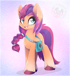 Size: 1895x2040 | Tagged: safe, artist:bloody-pink, sunny starscout, earth pony, pony, g5, 2021, bag, braid, colored eyebrows, cute, ear fluff, eye clipping through hair, eyebrows, eyebrows visible through hair, female, mare, open mouth, open smile, saddle bag, smiling, solo, sunnybetes, unshorn fetlocks, watermark