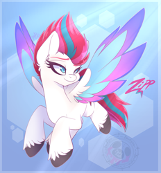 Size: 1895x2040 | Tagged: safe, artist:bloody-pink, zipp storm, pegasus, pony, g5, 2021, adorazipp, colored eyebrows, colored wings, cute, ear fluff, eyebrows, female, flying, hoof fluff, mare, multicolored wings, name, smiling, solo, spread wings, unshorn fetlocks, watermark, wings