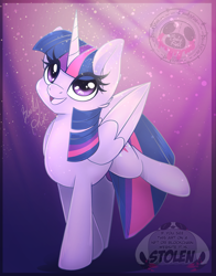 Size: 1940x2480 | Tagged: safe, artist:bloody-pink, twilight sparkle, alicorn, pony, g4, 2022, cute, eye clipping through hair, female, folded wings, high res, horn, mare, open mouth, open smile, raised leg, signature, smiling, solo, twiabetes, twilight sparkle (alicorn), watermark, wings