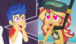 Size: 1250x721 | Tagged: safe, edit, edited screencap, screencap, flash sentry, sunset shimmer, equestria girls, equestria girls specials, g4, my little pony equestria girls: better together, my little pony equestria girls: spring breakdown, unsolved selfie mysteries, 1000 hours in ms paint, all good (song), belly button, bikini babe, black bikini, black swimsuit, blushing, clothes, cropped, female, hand on face, heart, heart eyes, leather, male, ship:flashimmer, shipping, shipping domino, snorkel, straight, sunset shimmer swimsuit, sunset shimmer's beach shorts swimsuit, swimsuit, wingding eyes