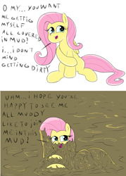 Size: 2000x2792 | Tagged: safe, artist:amateur-draw, fluttershy, pegasus, pony, g4, covered in mud, cute, high res, looking at you, looking back, looking back at you, mud, mud bath, mud play, mud pony, muddy, simple background, solo, text, wet and messy