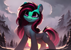 Size: 4096x2880 | Tagged: safe, ai assisted, ai content, artist:felisamafeles, derpibooru exclusive, editor:felisamafeles, generator:pony diffusion v5, generator:purplesmart.ai, generator:stable diffusion, oc, oc only, oc:felis amafeles catus, earth pony, pony, black mane, chest fluff, cloud, cloudy, dusk, ear fluff, earth pony oc, full body, pale belly, red mane, scenery, sky, tree