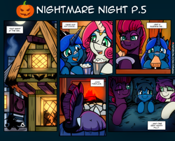 Size: 3508x2834 | Tagged: safe, artist:dsana, fizzlepop berrytwist, tempest shadow, oc, oc:lullaby dusk, oc:thistledown, earth pony, pegasus, pony, unicorn, comic:a storm's lullaby, g4, bed, chocolate, fireplace, food, high res, hot chocolate, in bed, inn, nightmare night, one eye open, pumpkin pie, smiling