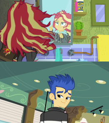 Size: 1280x1440 | Tagged: safe, edit, edited screencap, screencap, flash sentry, sunset shimmer, equestria girls, g4, monday blues, my little pony equestria girls, my little pony equestria girls: summertime shorts, bathroom, clothes, female, hoodie, looking at you, male, messy hair, mirror, ship:flashimmer, shipping, smiling, straight