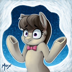 Size: 4000x4000 | Tagged: safe, artist:supermoix, octavia melody, earth pony, pony, g4, abstract background, absurd resolution, bowtie, confused, cute, female, mare, octavia's bowtie, shrug, solo, underhoof