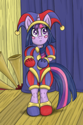 Size: 1600x2400 | Tagged: safe, artist:fascismnotincluded, twilight sparkle, pony, unicorn, g4, bipedal, clothes, cosplay, costume, crossover, female, hat, jester, jester hat, jester outfit, mare, pomni, solo, the amazing digital circus, unicorn twilight