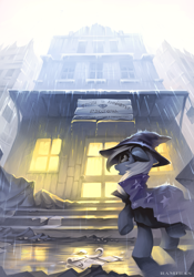 Size: 2067x2953 | Tagged: safe, artist:ramiras, trixie, pony, unicorn, g4, building, cape, clothes, cyrillic, digital art, ear fluff, fanfic, fanfic art, fanfic cover, female, floppy ears, hat, high res, looking up, mare, open mouth, outdoors, rain, raised hoof, russian, signature, solo, translated in the comments, trixie's cape, trixie's hat, wet, wizard hat