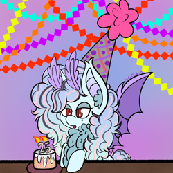Size: 3000x3000 | Tagged: safe, artist:solardoodles, oc, oc:solar sulfure, bat pony, moth, mothpony, original species, pony, unicorn, antennae, birthday, birthday cake, cake, candle, chest fluff, ear fluff, fangs, fire, fluffy, food, gradient background, hat, high res, party hat, solo, table