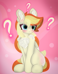 Size: 4096x5264 | Tagged: safe, artist:sodapop sprays, oc, oc only, oc:sodapop sprays, pegasus, pony, chest fluff, confused, ear fluff, eye clipping through hair, female, freckles, mare, missing cutie mark, no cutie marks because im lazy, question mark, sitting, solo