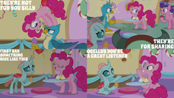 Size: 2000x1125 | Tagged: safe, edit, edited screencap, editor:quoterific, screencap, berry blend, berry bliss, gallus, ocellus, pinkie pie, yona, changeling, earth pony, griffon, pony, yak, g4, marks for effort, balloon, female, friendship student, male, mare, school of friendship