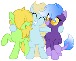 Size: 3405x2718 | Tagged: safe, artist:feather_bloom, oc, oc:buttercream flow(fb), oc:gingerpop(fb), oc:starfall(fb), earth pony, original species, pegasus, pony, 2024 community collab, derpibooru community collaboration, ^^, best friends, bipedal, eyes closed, hair over eyes, happy, high res, simple background, transparent background, trio, wings