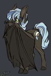 Size: 2000x3000 | Tagged: safe, artist:stardustspix, oc, oc:comet coma, bat pony, pony, bat wings, cute, ear fluff, eye clipping through hair, eyebrows, eyebrows visible through hair, high res, looking up, male, multicolored hair, ocbetes, scar, simple background, solo, stallion, tattered, tattered wings, wings