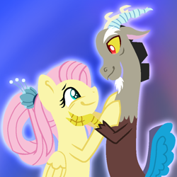 Size: 800x800 | Tagged: safe, artist:lindasaurie, derpibooru exclusive, discord, fluttershy, draconequus, pegasus, pony, g4, duo, duo male and female, female, glowing, gradient background, hair accessory, happy, lineless, looking at each other, looking at someone, male, mare, older, older fluttershy, quick draw, ship:discoshy, shipping, side view, smiling, smiling at each other, straight, touching face