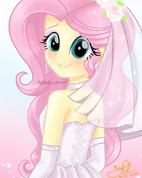 Size: 1080x1348 | Tagged: safe, artist:fluttershy_art.nurul, fluttershy, human, series:romantic and jackass, series:romantic stories, equestria girls, g4, my little pony equestria girls: better together, bare shoulders, beautiful, clothes, cute, dress, gradient background, just married, marriage, married, shyabetes, solo, strapless, wedding, wedding dress