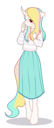 Size: 1116x2644 | Tagged: safe, artist:nika-rain, oc, oc only, oc:shelley, unicorn, anthro, unguligrade anthro, clothes, colored eyelashes, curved horn, ears back, female, horn, long skirt, looking at you, pink eyes, shy, simple background, skirt, solo, standing, sweater, transparent background, turtleneck, vector