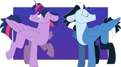 Size: 3307x1835 | Tagged: safe, artist:lepoppeta, twilight sparkle, alicorn, pegasus, pony, g4, airplanes (song), blue background, cringetober, crossover, crossover shipping, crying, ears back, eyes closed, female, folded wings, frown, gradient background, looking up, male, mare, mordecai, mordetwi, not dusk shine, passepartout, ponified, raised hoof, regular show, shipping, short mane, short mane twilight sparkle, simple background, stallion, standing, straight, transparent background, turned head, twilight sparkle (alicorn), wings