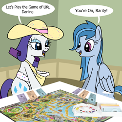 Size: 1600x1600 | Tagged: safe, artist:platinumdrop, misty rain, rarity, pegasus, pony, unicorn, g4, g4.5, my little pony: pony life, clothes, commission, dialogue, g4.5 to g4, generation leap, happy, sitting, smiling, speech bubble, talking, the game of life