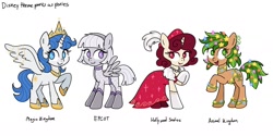 Size: 2000x1000 | Tagged: safe, artist:felicitea, artist:feliciteacup, oc, oc only, oc:animal kingdom, oc:epcot, oc:hollywood studios, oc:magic kingdom, alicorn, earth pony, pegasus, pony, unicorn, alicorn oc, blue eyes, bodysuit, closed mouth, clothes, crown, disney, dress, earth pony oc, eyeshadow, feather, female, flower, flower in hair, gloves, green eyes, group, hoof shoes, horn, jewelry, lavender eyes, lidded eyes, makeup, mare, necklace, open mouth, pearl necklace, pegasus oc, peytral, princess shoes, purple eyes, quartet, raised hoof, red eyes, regalia, simple background, smiling, spread wings, standing, tiara, unicorn oc, vine, white background, wing jewelry, wings