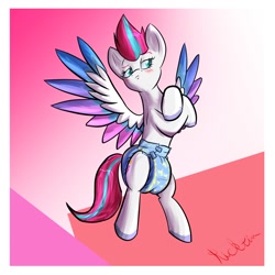 Size: 1200x1200 | Tagged: safe, artist:ricktin, zipp storm, pegasus, pony, g5, abstract background, blushing, colored wings, concave belly, diaper, diaper fetish, eyelashes, female, fetish, lidded eyes, mare, multicolored wings, non-baby in diaper, solo, spread wings, wings