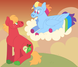 Size: 3748x3238 | Tagged: safe, artist:lepoppeta, big macintosh, rainbow dash, earth pony, pegasus, pony, g4, alternate cutie mark, cloud, colored hooves, duo, female, high res, looking at each other, looking at someone, lying down, lying on a cloud, male, mare, on a cloud, ship:rainbowmac, shipping, stallion, story included, straight