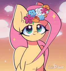 Size: 1400x1500 | Tagged: safe, artist:miryelis, fluttershy, pegasus, pony, g4, animated, big ears, bust, cloud, cute, female, flower, flower in hair, gif, gradient background, long hair, looking up, mare, shyabetes, smiling, solo, windswept mane, wings