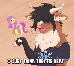 Size: 4091x3655 | Tagged: safe, artist:autumnsfur, fluttershy, oc, oc:benny, bull, cow, pegasus, pony, anthro, g4, black hair, black mane, brown fur, chest fluff, clothes, cloven hooves, cow horns, cream fur, female, floppy ears, fluffy, folded wings, fursona, hidden eyes, highland cow, horns, i just think they're neat, male, mare, meme, parody, pink hair, pink mane, plushie, pony plushie, simple background, smiling, talking, text, wings, yellow coat, yellow fur