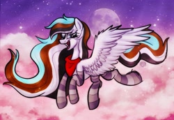 Size: 3433x2356 | Tagged: safe, artist:sadfloorlamp, oc, oc only, oc:luka mint, pegasus, pony, clothes, cloud, colored, concave belly, eye clipping through hair, eyelashes, flying, high res, large wings, lightly watermarked, long mane, long tail, moon, multicolored mane, multicolored tail, neckerchief, night, night sky, open mouth, pegasus oc, shading, sky, slender, socks, solo, spread wings, starry sky, stars, striped mane, striped socks, striped tail, tail, teeth, thin, watermark, white coat, wings