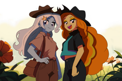 Size: 1999x1332 | Tagged: safe, artist:aokushan, adagio dazzle, trixie, human, equestria girls, g4, bag, cowboy hat, cowgirl outfit, duo, duo female, female, flower, hand on hip, hat, open mouth, open smile, smiling