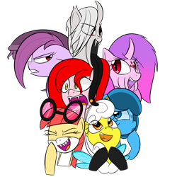 Size: 3000x3000 | Tagged: safe, artist:bestponies, oc, oc only, oc:aurora quill, oc:buzzing pollen, oc:gooey gum, oc:purple vine, oc:severus, oc:silky web, oc:vicious waves, bee, bee pony, goo, goo pony, insect, lamia, monster pony, original species, pony, shark, shark pony, spider, spiderpony, angry, eyes closed, fangs, female, glasses, high res, horn, laughing, long tongue, looking up, mare, open mouth, scared, sharp teeth, simple background, teeth, thinking, tongue out, transparent background
