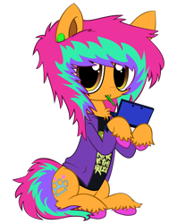 Size: 3543x4252 | Tagged: safe, artist:cactuscruncher, derpibooru exclusive, oc, oc only, oc:drop dee, earth pony, pony, 2024 community collab, derpibooru community collaboration, .svg available, 3ds, blank expression, brown eyes, clothes, colored hooves, ear piercing, earth pony oc, emo, facial piercing, gauges, jacket, lip piercing, looking at you, male, messy mane, messy tail, multicolored hair, multicolored mane, multicolored tail, nintendo, orange coat, pen in mouth, piercing, shiny eyes, shirt, simple background, sitting, sitting up, snake bites, solo, stallion, tail, transparent background, unshorn fetlocks, vector