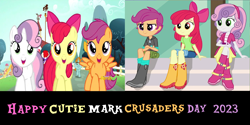 Size: 2000x1000 | Tagged: safe, artist:mlpfan3991, apple bloom, scootaloo, sweetie belle, earth pony, human, pegasus, pony, unicorn, equestria girls, g4, 2023, apple bloom's bow, bow, clothes, cmc day, cutie mark crusaders, denim, female, filly, foal, hair bow, hoodie, jeans, pants, shirt, shorts, skirt, t-shirt