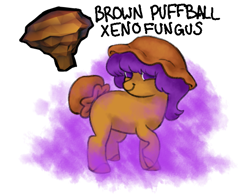 Size: 1131x887 | Tagged: safe, artist:wtfponytime, alien, alien pony, mushroom pony, original species, pony, bonnet, brown puffball xenofungus, crossover, deep rock galactic, fog, looking at you, mushroom, pheromones, pheromones that make you shout mushroom, ponified, simple background, smiling, smiling at you, solo, spores, white background