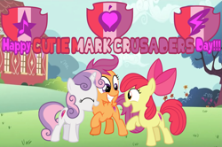Size: 2269x1503 | Tagged: safe, artist:shieldwingarmorofgod, apple bloom, scootaloo, sweetie belle, pegasus, pony, g4, adorabloom, apple bloom's bow, bow, cmc day, cute, cutealoo, cutie mark, cutie mark crusaders, diasweetes, female, filly, foal, hair bow