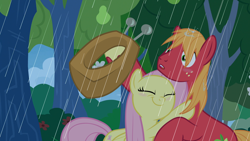 Size: 1920x1080 | Tagged: safe, anonymous artist, edit, edited screencap, screencap, big macintosh, fluttershy, earth pony, pegasus, pony, g4, the perfect pear, big macintosh's yoke, character swap, cute, duo, duo male and female, eyes closed, female, hoof hold, horse collar, hug, macabetes, male, mare, rain, ship:fluttermac, shipping, shyabetes, stallion, straight, surprised, wet, wet mane