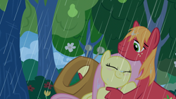 Size: 1920x1080 | Tagged: safe, anonymous artist, edit, edited screencap, screencap, big macintosh, fluttershy, earth pony, pegasus, pony, g4, the perfect pear, big macintosh's yoke, character swap, cute, duo, duo male and female, eyes closed, female, hoof hold, horse collar, hug, macabetes, male, mare, rain, ship:fluttermac, shipping, shyabetes, smiling, stallion, straight, wet, wet mane