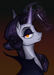 Size: 1300x1800 | Tagged: safe, artist:jehr, rarity, pony, undead, unicorn, vampire, g4, bat ears, bat eyes, blood, clothes, commission, dracula, ear fluff, eyebrows, eyeshadow, fangs, female, glass, glowing, glowing eyes, glowing horn, gradient background, horn, lidded eyes, long ears, long horn, long neck, looking at you, magic, makeup, mare, solo, telekinesis, wine glass