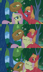 Size: 1920x3240 | Tagged: safe, anonymous artist, edit, edited screencap, screencap, big macintosh, fluttershy, earth pony, pegasus, pony, g4, the perfect pear, big macintosh's yoke, character swap, comic, cute, duo, duo male and female, eyes closed, female, grin, hoof hold, horse collar, hug, looking at each other, looking at someone, macabetes, male, mare, rain, screencap comic, ship:fluttermac, shipping, shyabetes, smiling, smiling at each other, stallion, straight, surprised, wet, wet mane