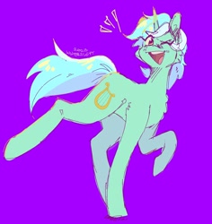 Size: 1318x1396 | Tagged: safe, artist:wintersleptart, lyra heartstrings, pony, unicorn, g4, one eye closed, purple background, simple background, smiling, solo, standing on two hooves, wink