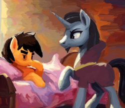 Size: 2000x1724 | Tagged: safe, artist:yidwags, chancellor neighsay, oc, oc:drawing blanks, earth pony, pony, unicorn, g4, bed, bedroom, blanket, boop, frustrated, gift art, misleading thumbnail, painterly, painting, self-boop