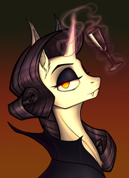 Size: 1300x1800 | Tagged: safe, artist:jehr, rarity, pony, undead, unicorn, vampire, g4, bat ears, bat eyes, blood, clothes, commission, dracula, ear fluff, eyeshadow, fangs, female, glass, glowing, glowing eyes, glowing horn, gradient background, horn, lidded eyes, long ears, long horn, long neck, looking at you, magic, makeup, mare, solo, telekinesis, wine glass