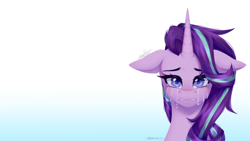 Size: 1920x1080 | Tagged: safe, artist:sparkie45, starlight glimmer, pony, unicorn, g4, bust, colored pupils, crying, female, floppy ears, frown, gradient background, mare, shading, simple background, solo, wallpaper