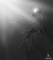 Size: 1920x2170 | Tagged: safe, artist:zidanemina, captain celaeno, seapony (g4), g4, alternate design, fin wings, fins, fish tail, grayscale, monochrome, ocean, seaponified, sketch, smiling, solo, species swap, swimming, tail, underwater, water, wings