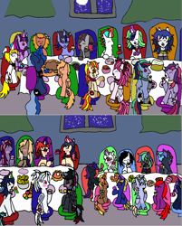 Size: 1348x1675 | Tagged: safe, artist:ask-luciavampire, oc, alicorn, earth pony, pegasus, pony, undead, unicorn, vampire, vampony, food, holiday, thanksgiving, tumblr