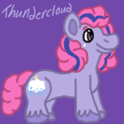 Size: 1000x1000 | Tagged: safe, artist:mintwhistle, part of a set, thundercloud (g1), earth pony, pony, g1, big brother ponies, colored hooves, freckles, male, medibang paint, mountain boy ponies, multicolored mane, purple background, simple background, smiling, solo, stallion, unshorn fetlocks