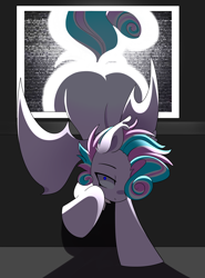 Size: 3700x5000 | Tagged: source needed, safe, artist:haruk, oc, oc only, oc:sweetie swirl, bat pony, pony, butt, femboy, looking at you, male, pinpoint eyes, plot, solo, television, the ring