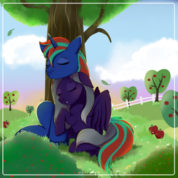 Size: 1280x1280 | Tagged: safe, artist:nnaly, oc, oc only, oc:lapis, oc:silver, pegasus, pony, unicorn, apple, apple tree, female, fence, male, mare, sitting, stallion, tree, under the tree