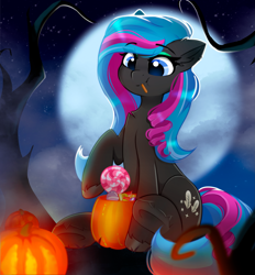 Size: 2691x2905 | Tagged: safe, artist:janelearts, oc, oc only, oc:obabscribbler, earth pony, pony, candy, female, food, halloween, high res, holiday, jack-o-lantern, lollipop, mare, moon, pumpkin, pumpkin bucket, solo, tree