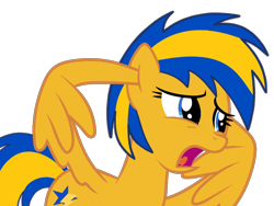 Size: 2048x1536 | Tagged: safe, artist:mlpfan3991, oc, oc only, oc:flare spark, pegasus, pony, g4, covering ears, female, simple background, solo, transparent background, wing hands, wings